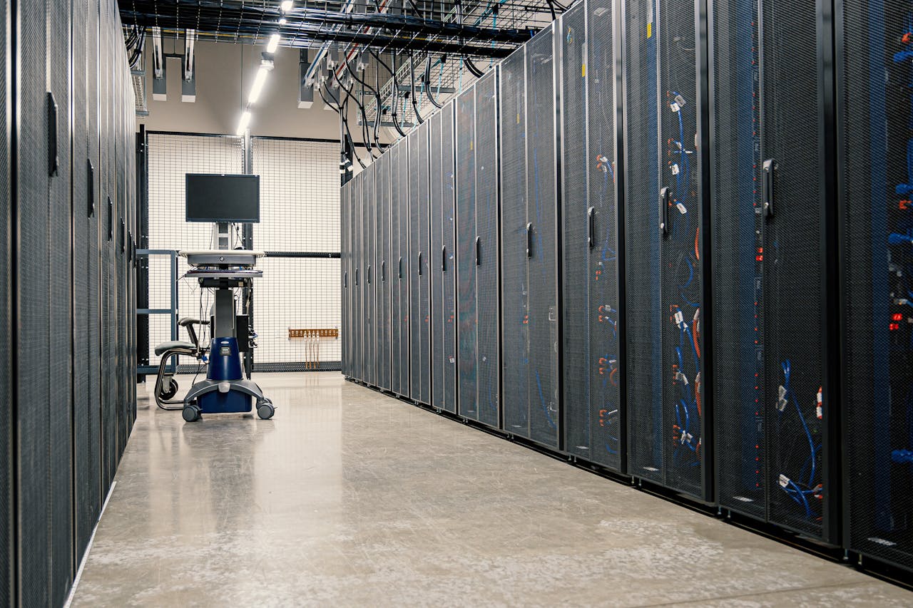 services-03 Steel framework cabinets housing servers networking devices and cables in contemporary equipped data center